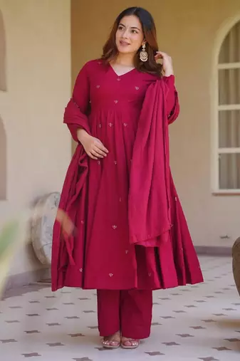 Wine silk blend embroidered anarkali set