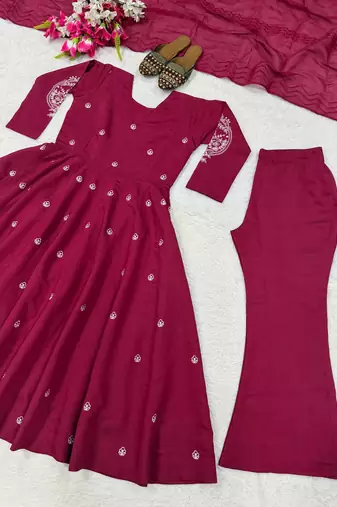 Wine silk blend embroidered anarkali set