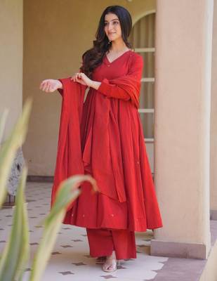 Red silk blend embroidered anarkali set 1