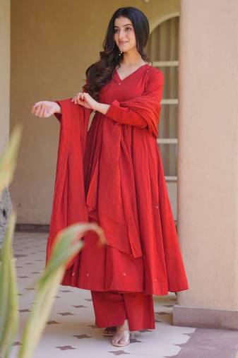 Red silk blend embroidered anarkali set