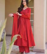 Red silk blend embroidered anarkali set