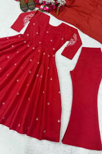 Red silk blend embroidered anarkali set