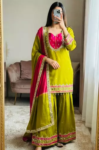 Green silk blend embroidered palazzo set