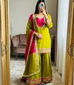 Green silk blend embroidered palazzo set