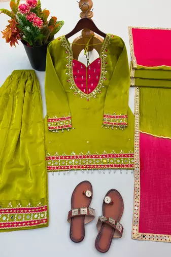 Green silk blend embroidered palazzo set