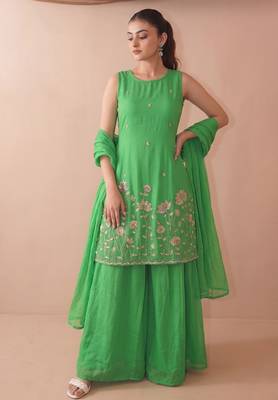 Women's Beautiful Embroidery Work French Crepe Fabric Straight Kurta Sharara and Dupatta Set 1
