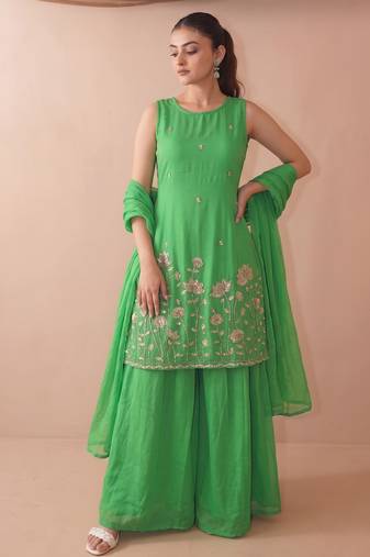 Women's Beautiful Embroidery Work French Crepe Fabric Straight Kurta Sharara and Dupatta Set