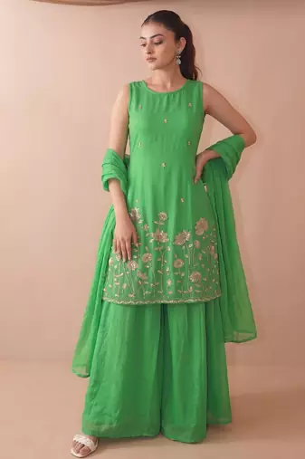 Women's Beautiful Embroidery Work French Crepe Fabric Straight Kurta Sharara and Dupatta Set