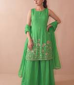 Women's Beautiful Embroidery Work French Crepe Fabric Straight Kurta Sharara and Dupatta Set