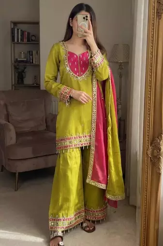 Green silk blend embroidered palazzo set