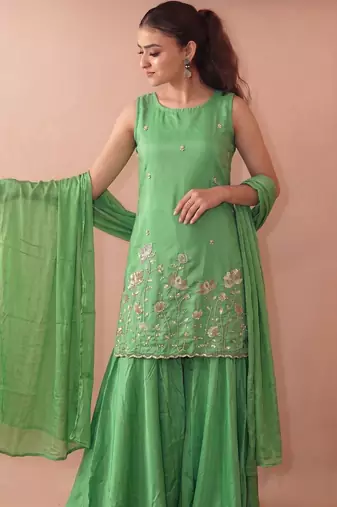 Women's Beautiful Embroidery Work French Crepe Fabric Straight Kurta Sharara and Dupatta Set