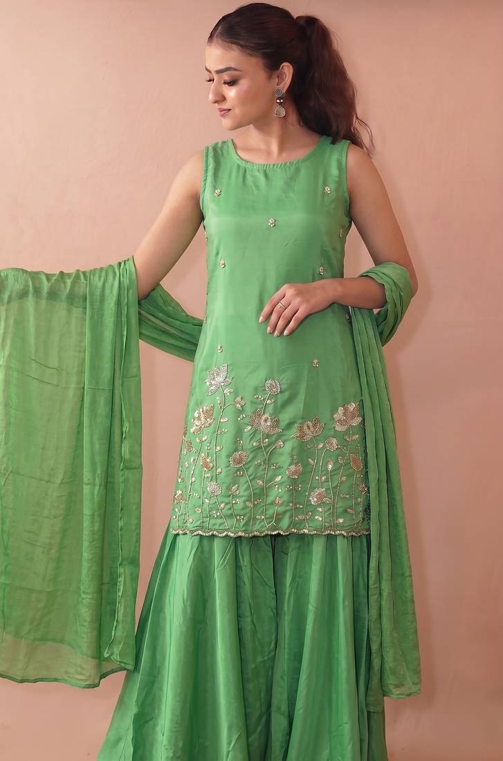 Women's Beautiful Embroidery Work French Crepe Fabric Straight Kurta Sharara and Dupatta Set