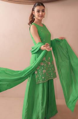 Women's Beautiful Embroidery Work French Crepe Fabric Straight Kurta Sharara and Dupatta Set 3