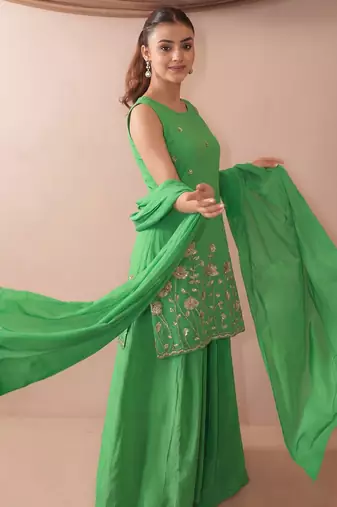 Women's Beautiful Embroidery Work French Crepe Fabric Straight Kurta Sharara and Dupatta Set