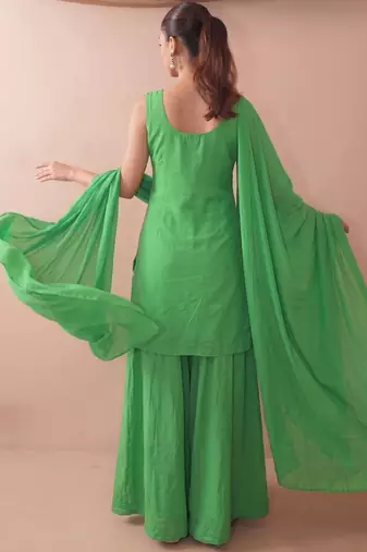 Women's Beautiful Embroidery Work French Crepe Fabric Straight Kurta Sharara and Dupatta Set