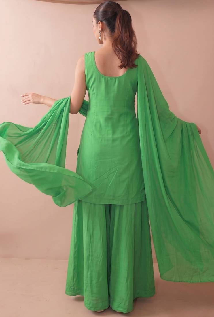 Women's Beautiful Embroidery Work French Crepe Fabric Straight Kurta Sharara and Dupatta Set