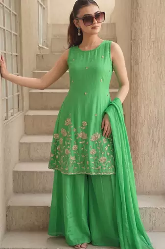 Women's Beautiful Embroidery Work French Crepe Fabric Straight Kurta Sharara and Dupatta Set