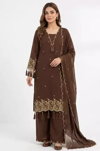 Brown rayon embroidered palazzo set
