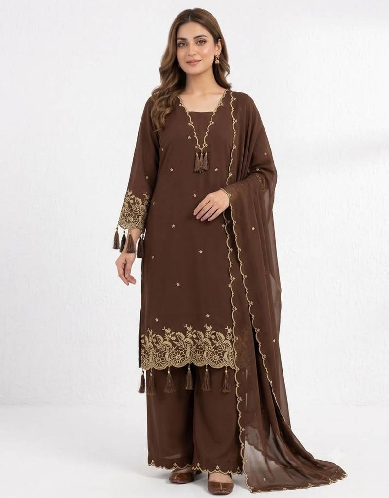 Brown rayon embroidered palazzo set