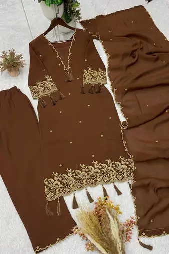 Brown rayon embroidered palazzo set