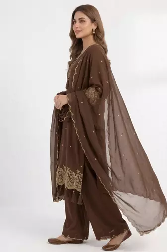 Brown rayon embroidered palazzo set