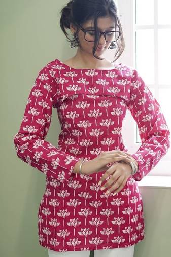 RUBY LOTUS: HAND-PRINTED COTTON SHORT KURTI WITH OVERLAY DETAIL