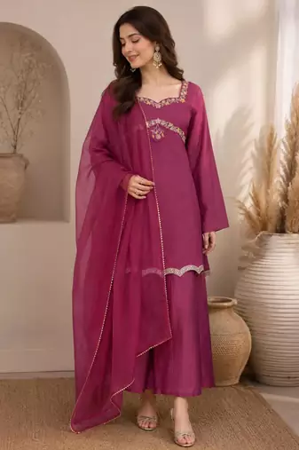 Pink silk blend embroidered palazzo set