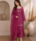 Pink silk blend embroidered palazzo set