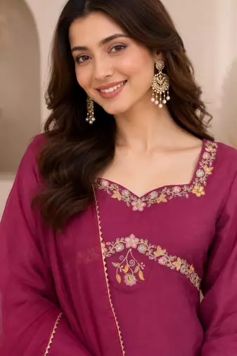 Pink silk blend embroidered palazzo set