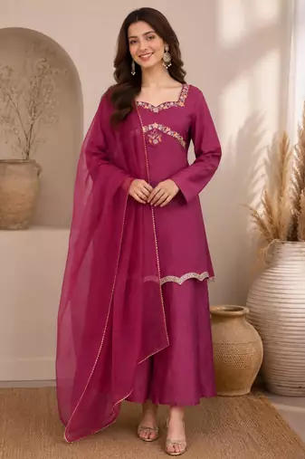 Pink silk blend embroidered palazzo set