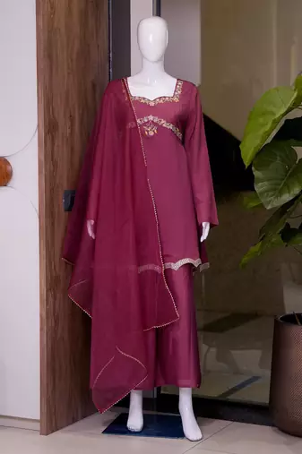Pink silk blend embroidered palazzo set