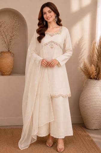 White silk blend embroidered palazzo set