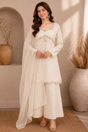 White silk blend embroidered palazzo set