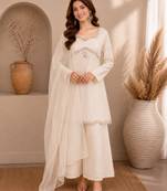 White silk blend embroidered palazzo set