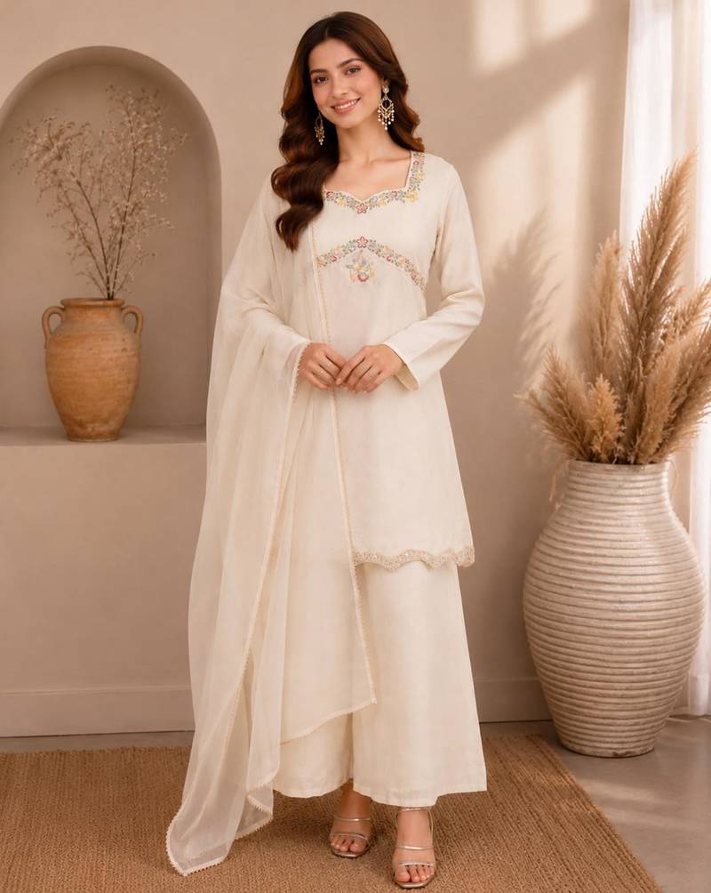 White silk blend embroidered palazzo set