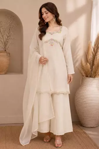 White silk blend embroidered palazzo set