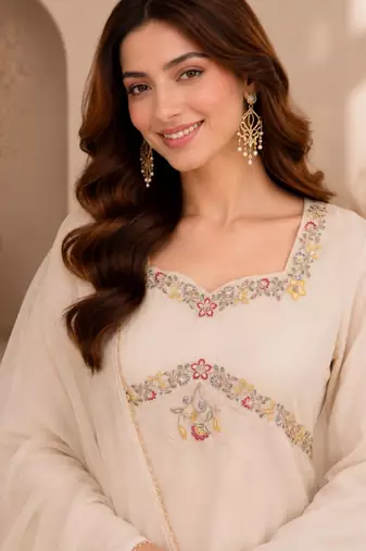 White silk blend embroidered palazzo set