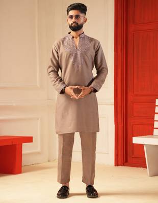 Pastel pink v_neck embroiderd kurta for men sort kurta 1
