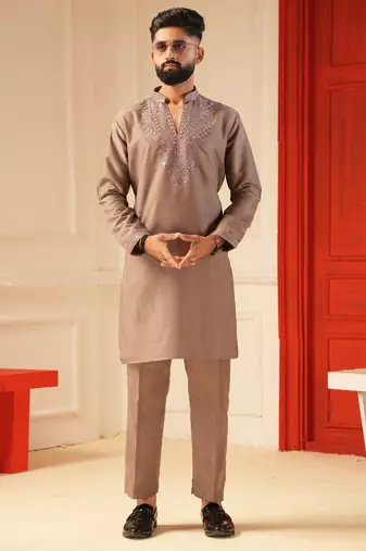 Pastel pink v_neck embroiderd kurta for men sort kurta