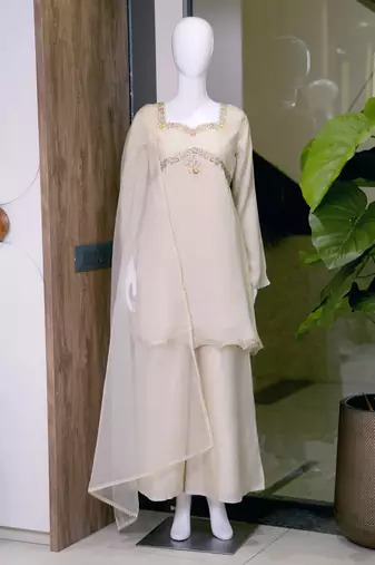 White silk blend embroidered palazzo set