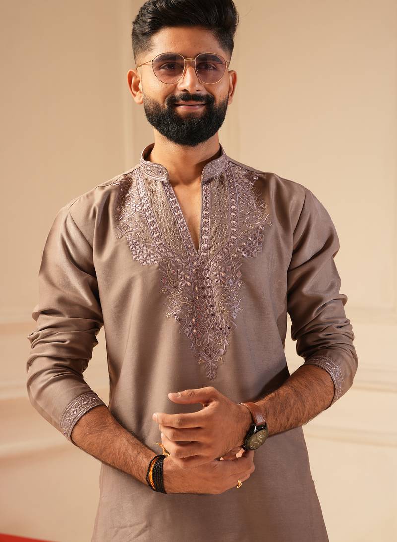 Pastel pink v_neck embroiderd kurta for men sort kurta