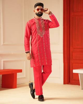 Rani pink embroiderd kurta for men | premium sort kurta 1