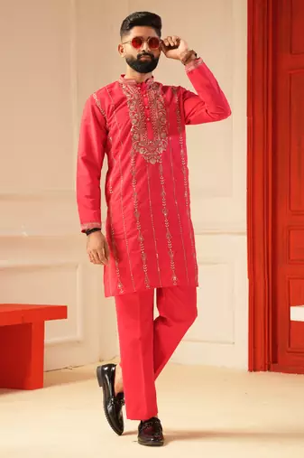 Rani pink embroiderd kurta for men | premium sort kurta