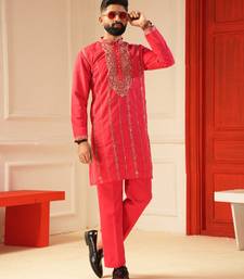 Rani pink embroiderd kurta for men | premium sort kurta