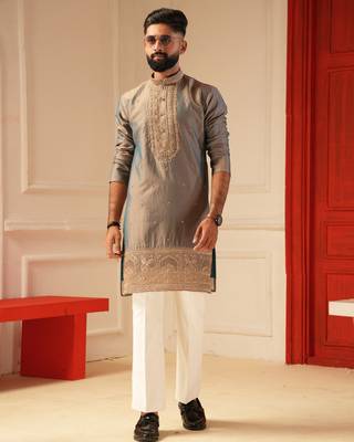 Tissue peacock blue beads embroiderd kurta for men sort kurta 1