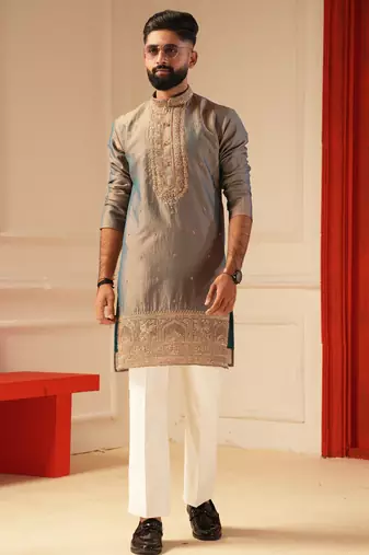 Tissue peacock blue beads embroiderd kurta for men sort kurta
