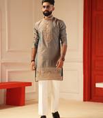 Tissue peacock blue beads embroiderd kurta for men sort kurta