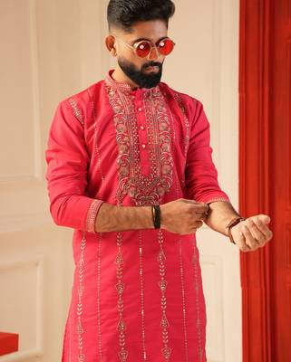 Rani pink embroiderd kurta for men | premium sort kurta 2