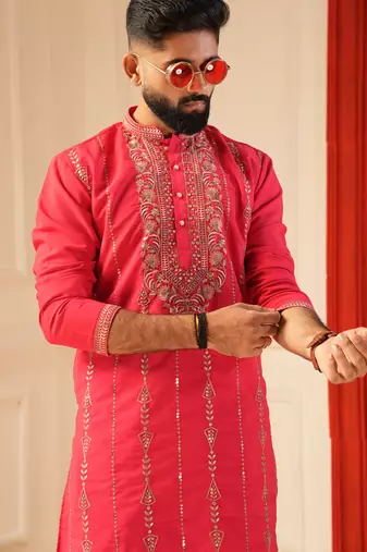 Rani pink embroiderd kurta for men | premium sort kurta