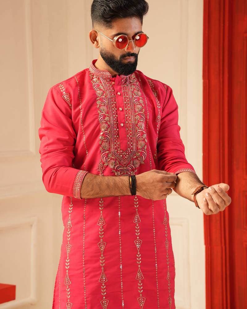 Rani pink embroiderd kurta for men | premium sort kurta